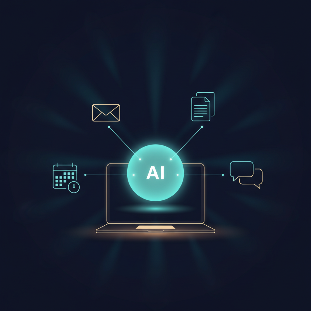 AI assistant orb connected to email, calendar, and messaging tools on a laptop