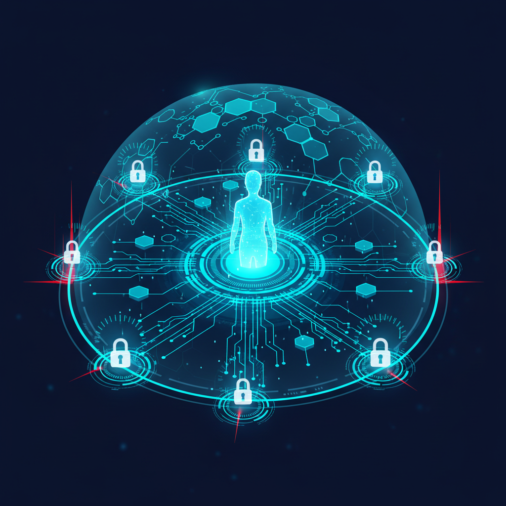 Digital shield protecting AI agent network with security locks and warning indicators