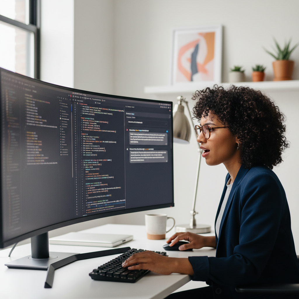 Professional working at a desk with code and AI tools on screen