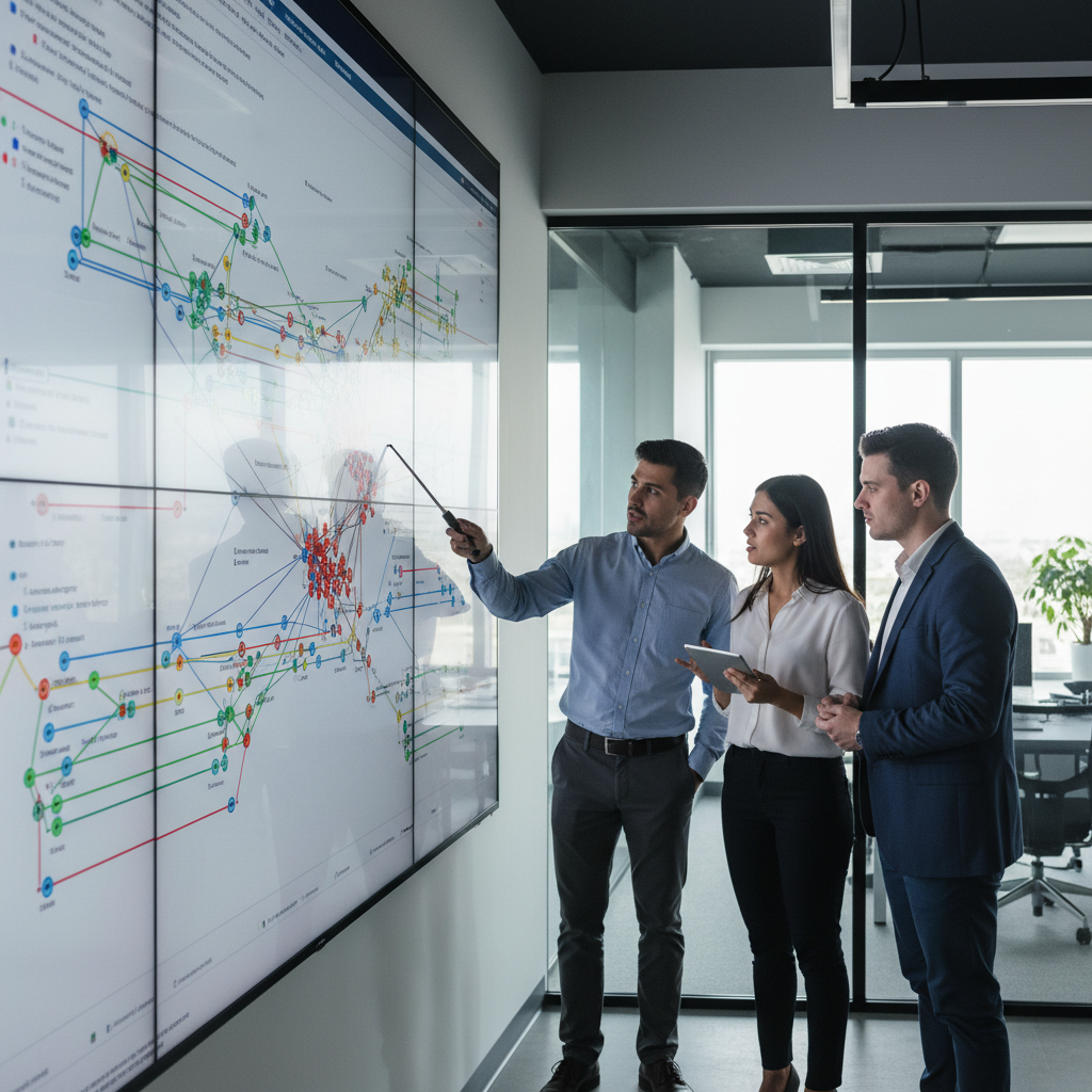 Security team analyzing software supply chain dependency graph on a large display